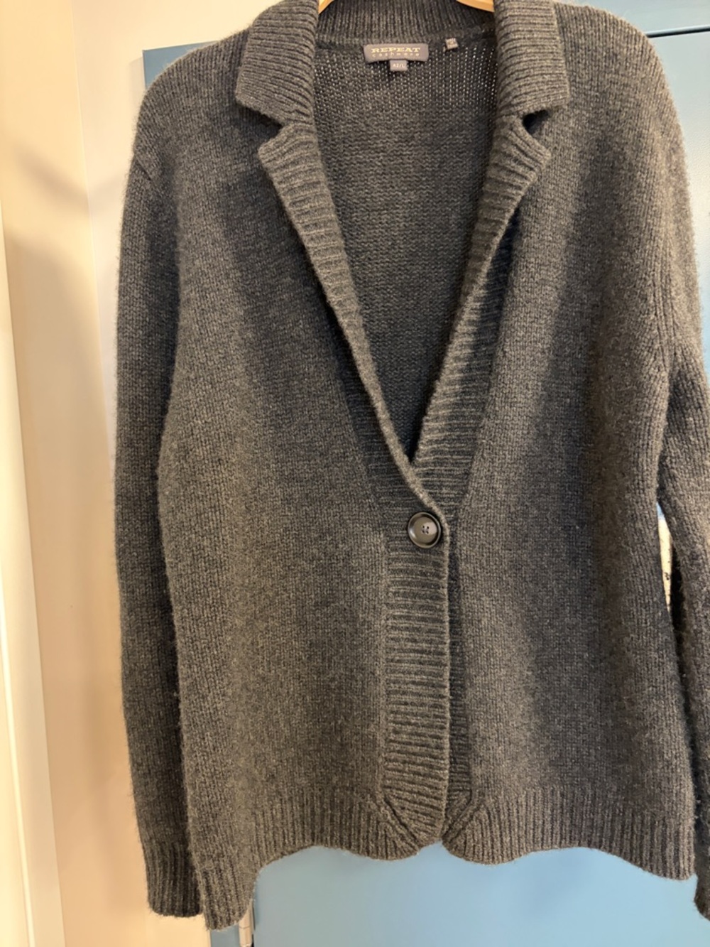 Repeat Cashmere gray cardigan, thick . Ribbed  collar/ cuffs . Very thick.